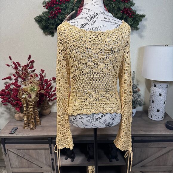 Vintage Crochet Tie Front Sweater Size M Bell Sleeve Y2k Boho Indie Festival - Picture 7 of 9